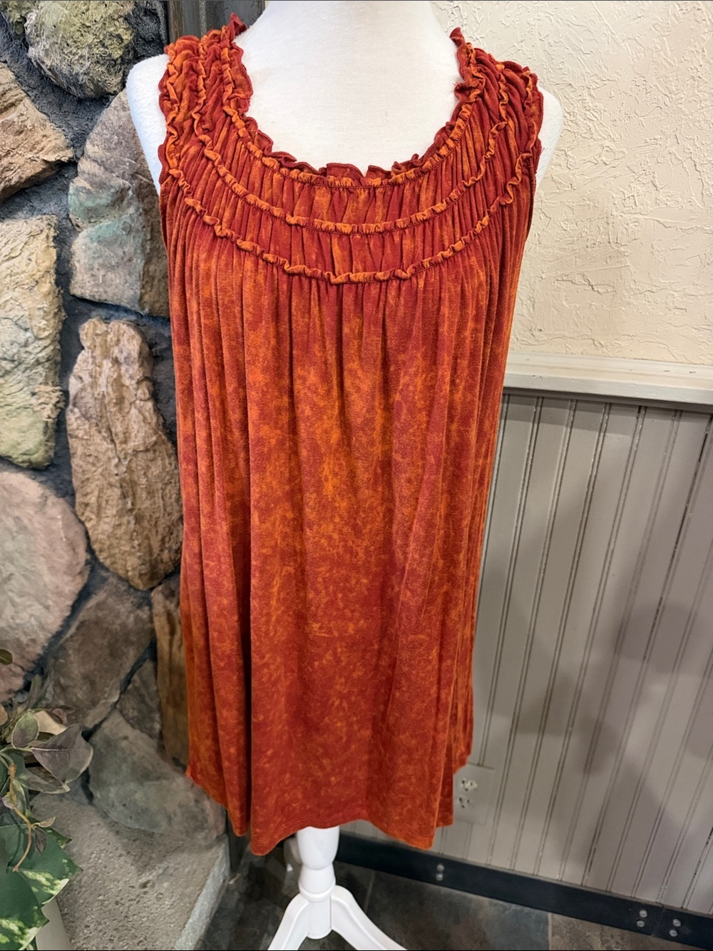 easel Rust Orange Smocked Neck Mini Dress